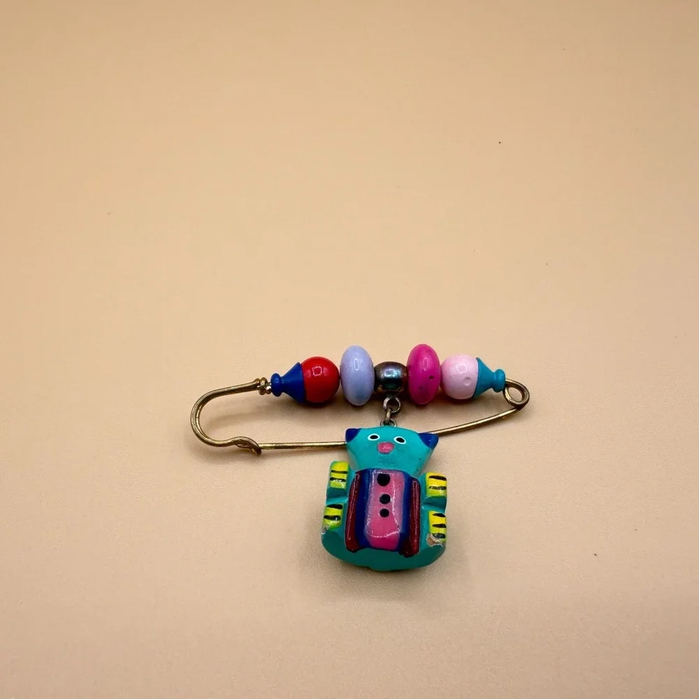 Colorful Cat Beaded Safety Pin Brooch Folk Art Whimsical Boho Statement Gift
